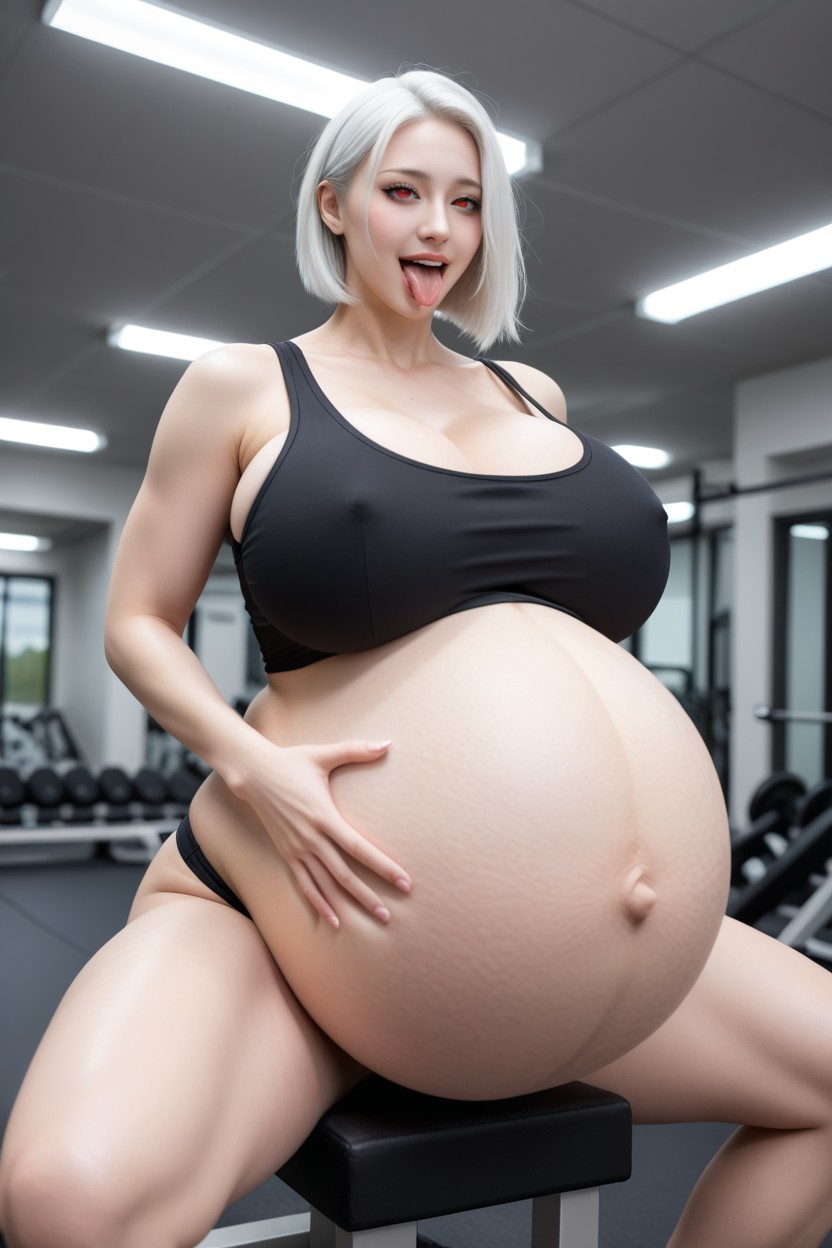 Looking At Viewer, Unrealistic Massive Pregnant Belly, Happy Porno asiático IA