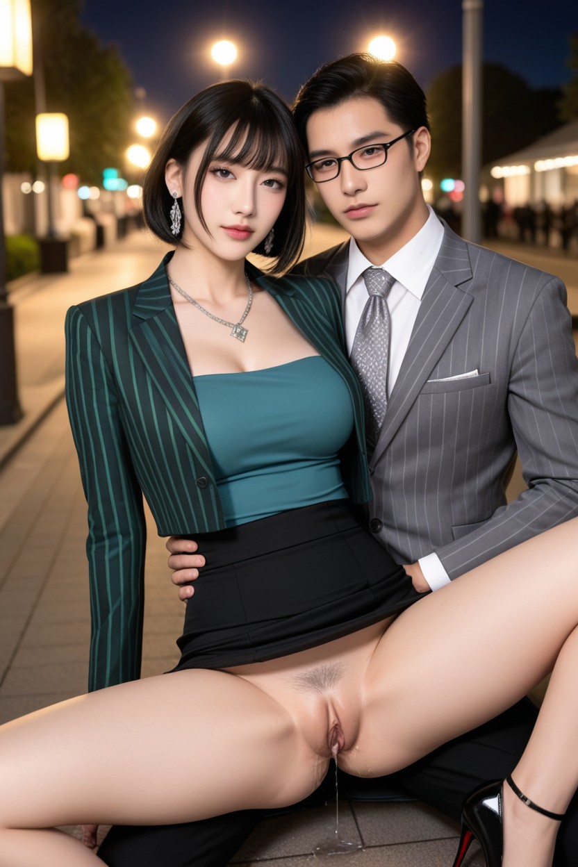 Cheveux Très Courts, Black Heels, Grey Shirt Porno IA Asiatique