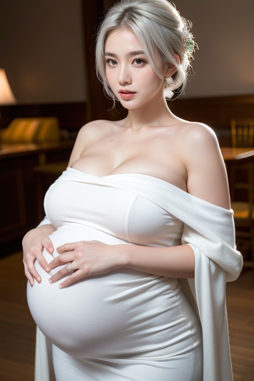 Faceless, Extremely Heavily Pregnant, White Hair Strips Asian AI Porn