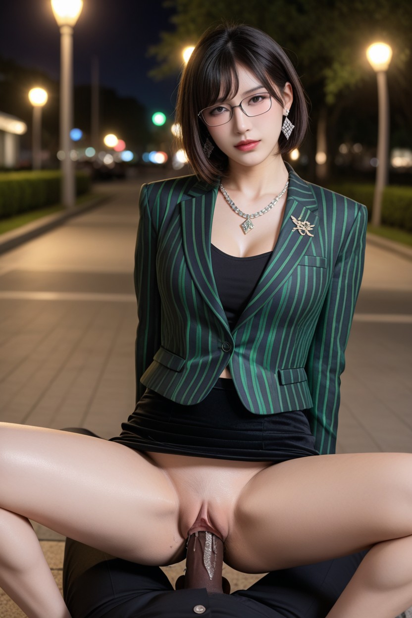 Night, Brunette, Man Puts Arms Behind Back Asian AI Porn