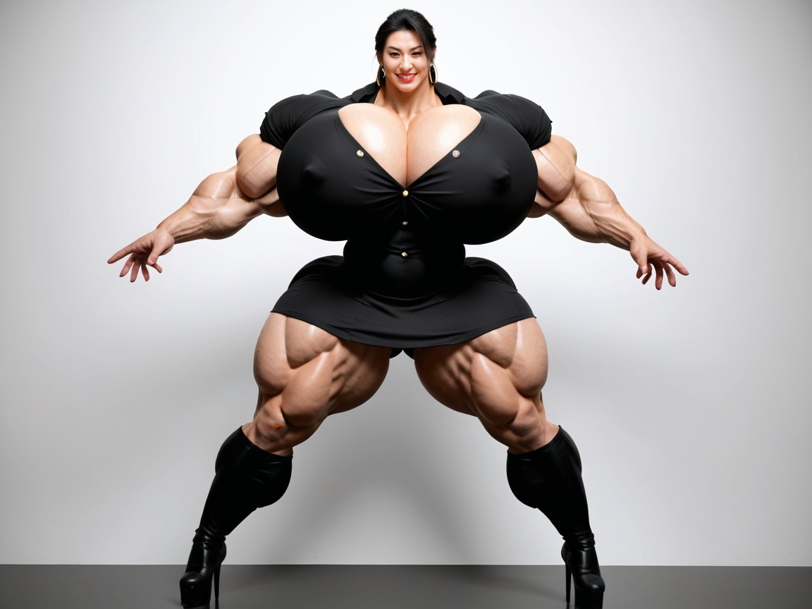 Hyper Gigantic Shoulder Muscles, Looking At Viewer, Hyper Muscles Asian AI Porn