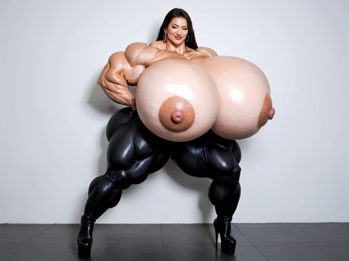 Hyper Gigantic Shoulder Muscles, Gigantic Boobs, High Heel Boots Asian AI Porn