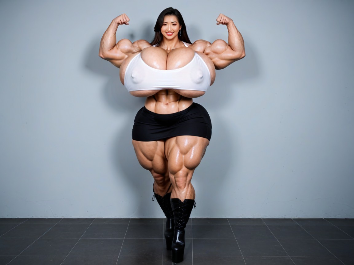 Form Fitting Clothes, Hyper Gigantic Trapezius Muscle, Thick Ass Asian AI Porn