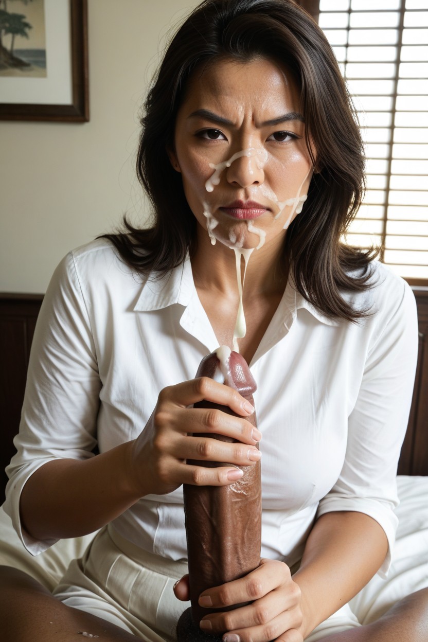 Bedroom, 1 Person, Frowning Asian AI Porn