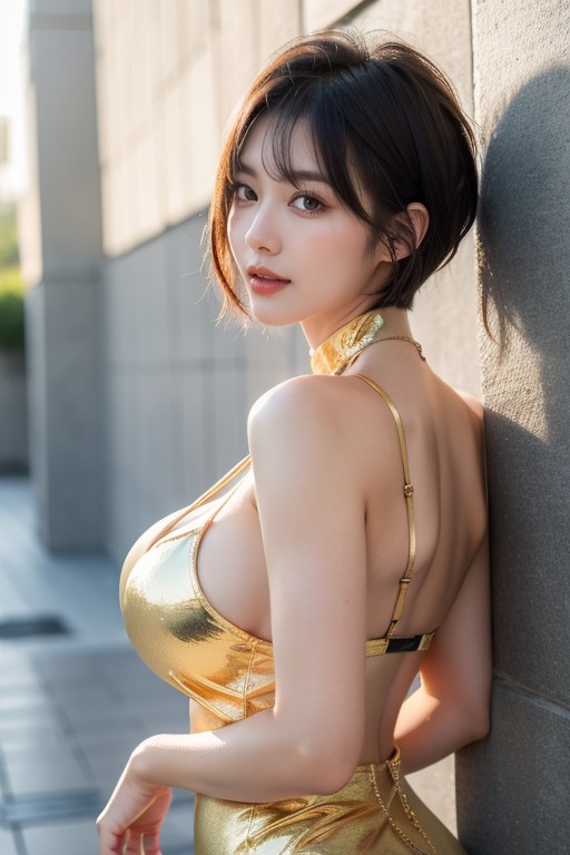 Stands Against The Wall, Massive Breasts, Wet Hair Asian AI Porn