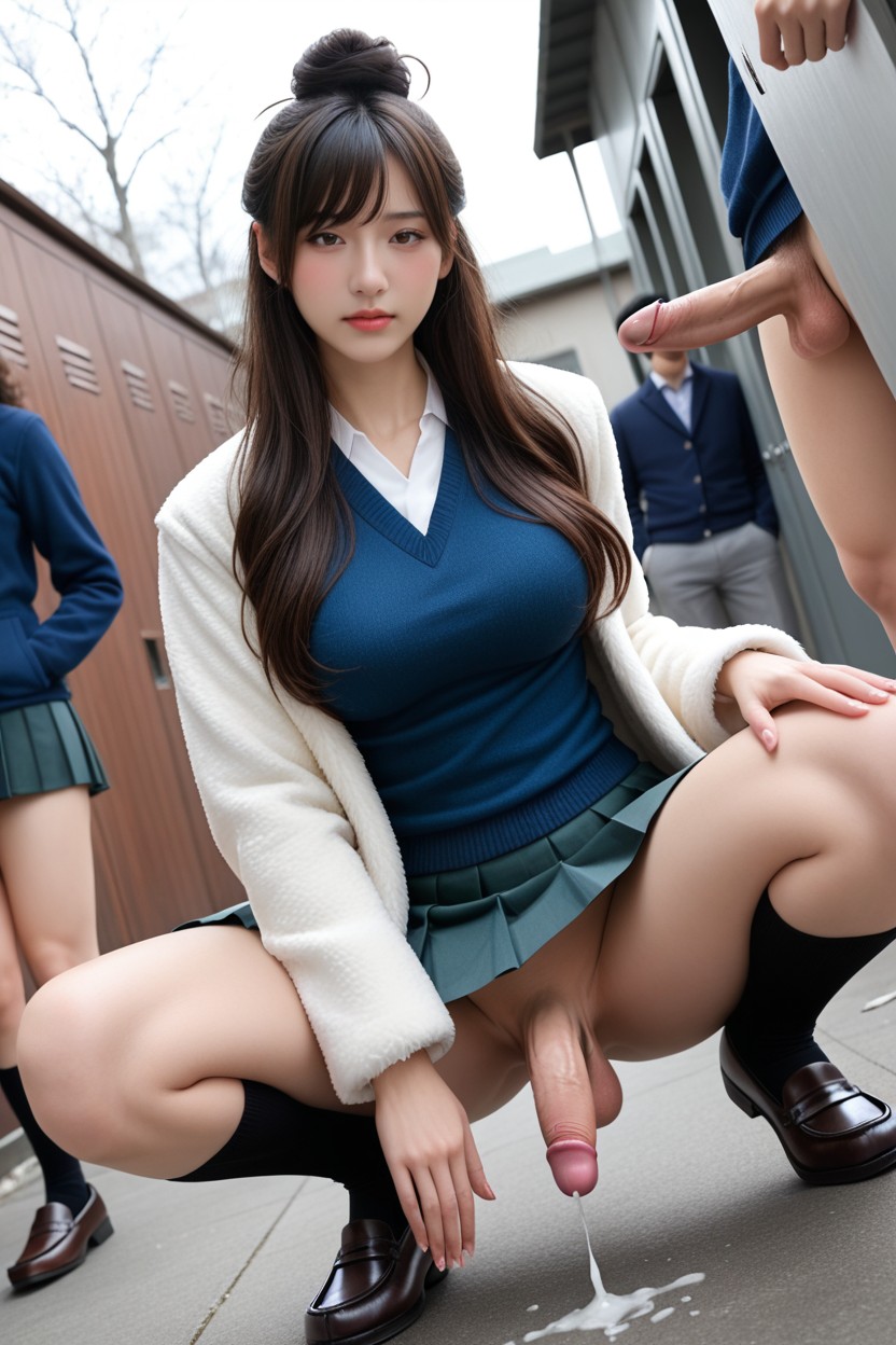 Perfect Fingers, Wearing Dark Green Pleated Skirt, Eyes Half Closed Asian AI Porn