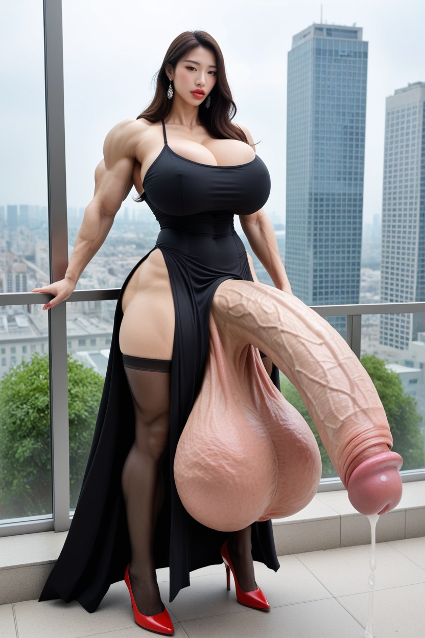High Heels, Chest Showing Slit, Red Lipstick Porno asiático IA