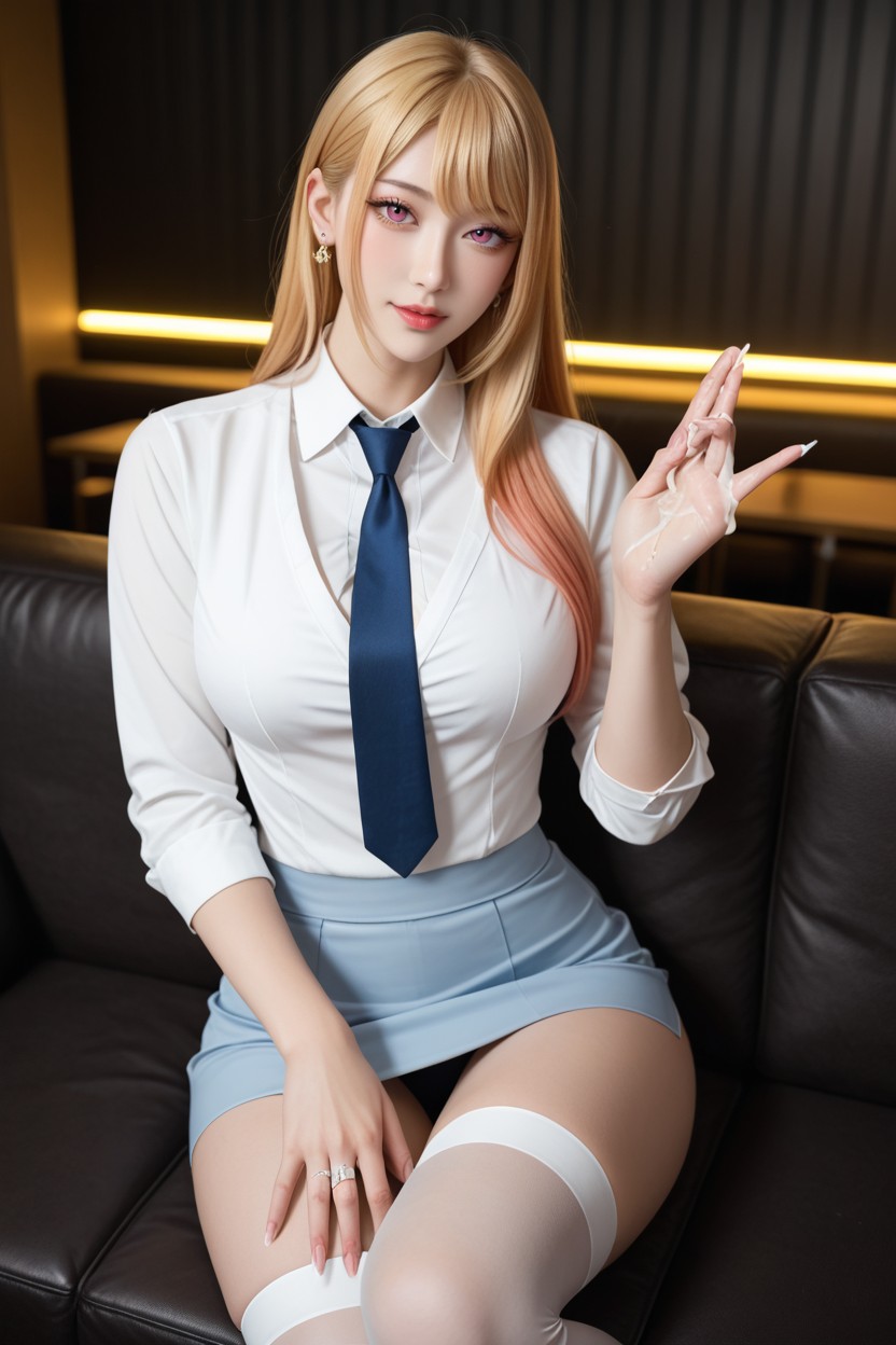 마른 체형, Light Blue Skirt, 오피스 셔츠 아시아 AI 야짤