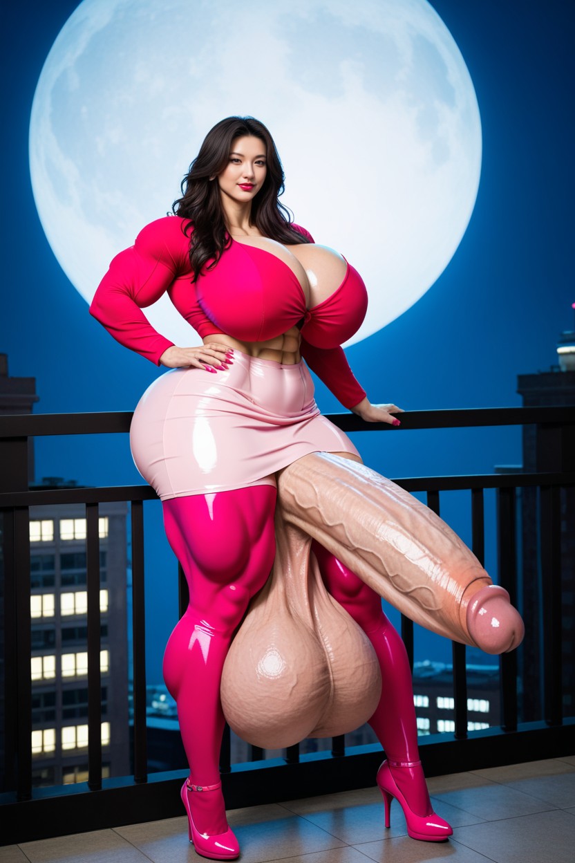 Oiled Skin,arm Tattoo,pink Latex Clothing, Huge Muscular Ass, Gigantic Breasts Asian AI Porn