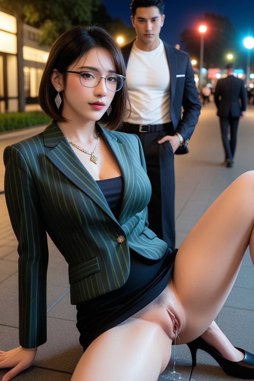Pale Skin, Green Pinstripe Blazer Black Shirt, Blue Soles Porno asiático IA