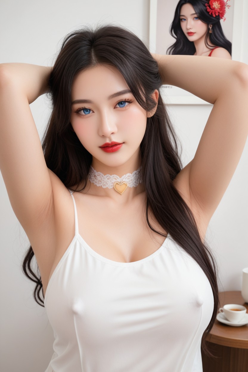 Black Hair With Red Highlight, Robe Coréenne, Long Eyelashes Porno IA Asiatique
