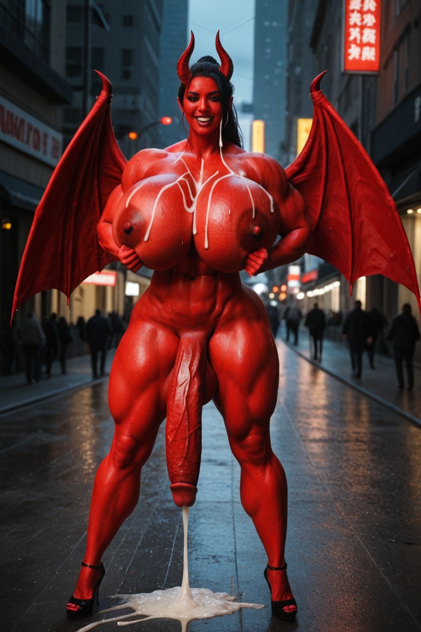 Futa Succubus Have Devil Horns, Gigantic Flaccid Cock, Corps Entier Porno IA Asiatique