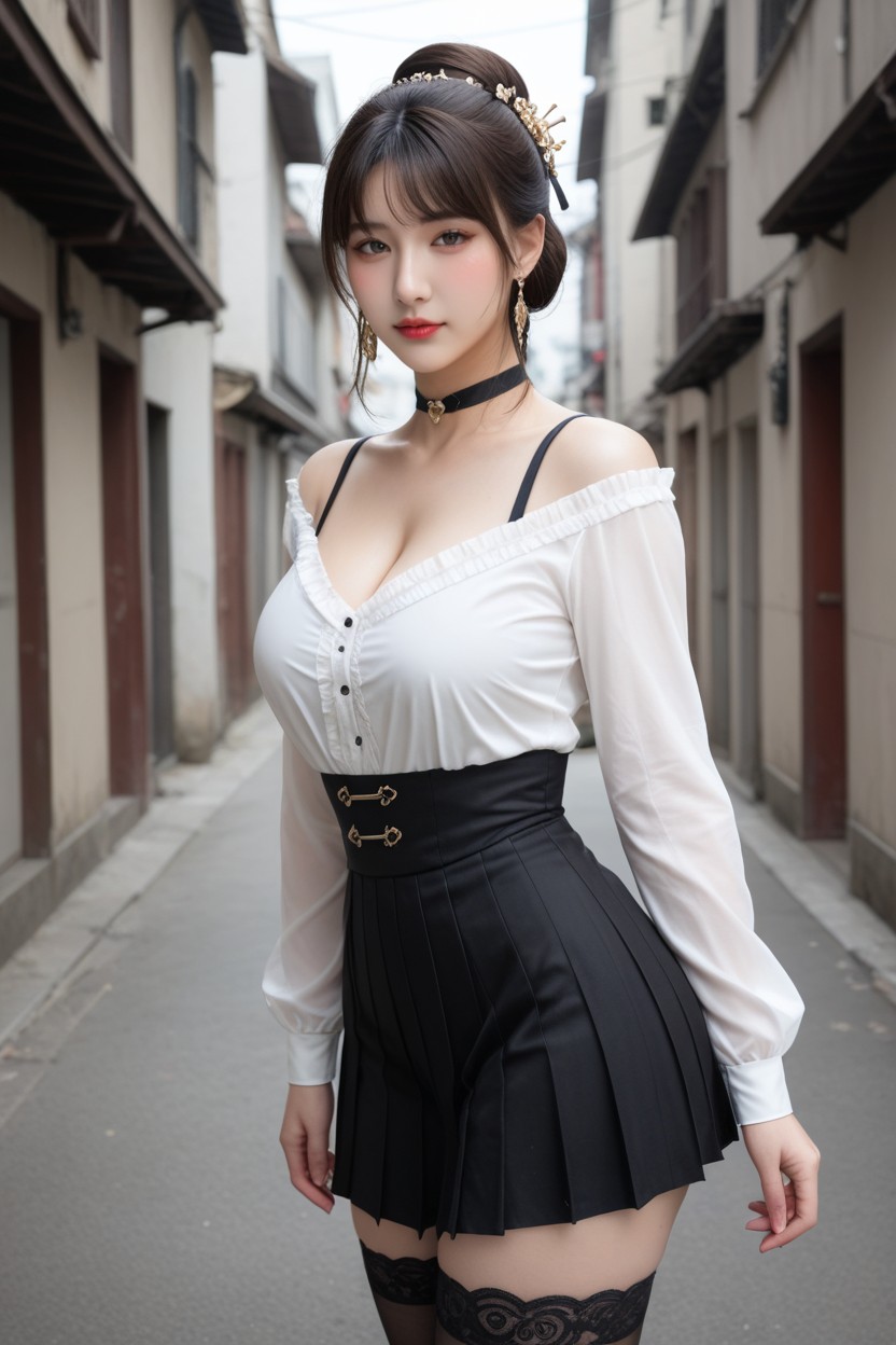 Mature Korean Missy, 恥ずかしい, Frilled Blouse Off Shoulder アジアのAIポルノ