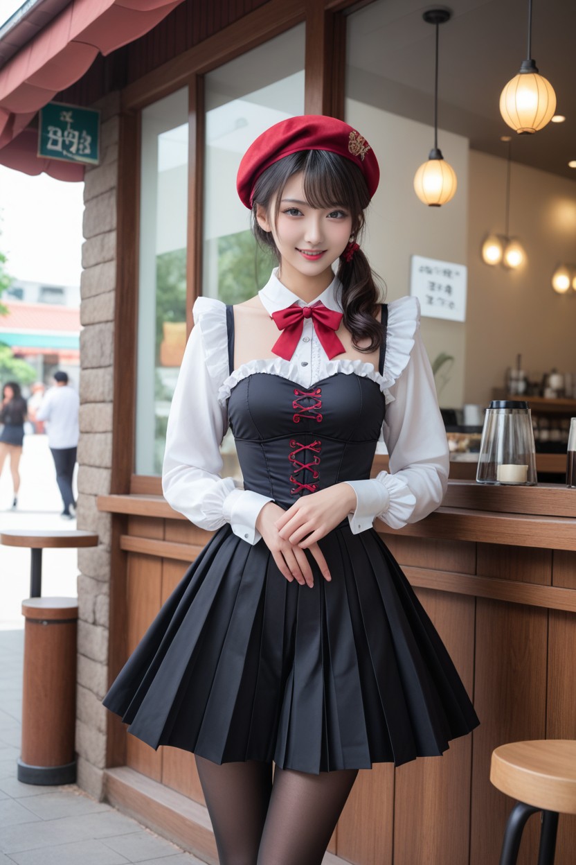 Wavy Hair, Red Frilly Pleated Skirt, Vue De Face Porno IA Asiatique