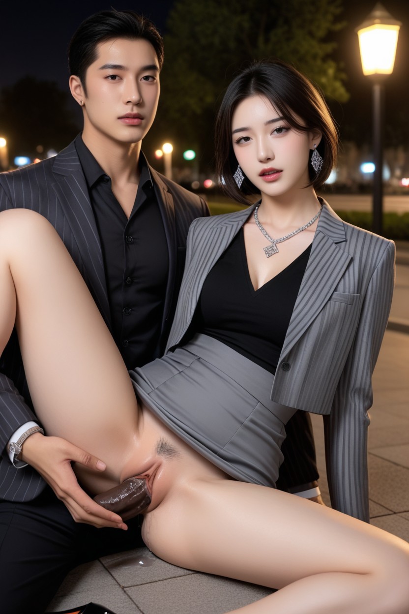 Street View From Park, Sweety Idol Face, Grey Pencil Skirt Asian AI Porn