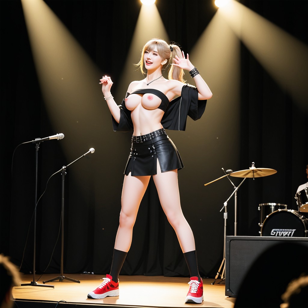Drum Set On Background, Waist Shot, Oversized Leather Belt Hung Loosely On Waist Asian AI Porn
