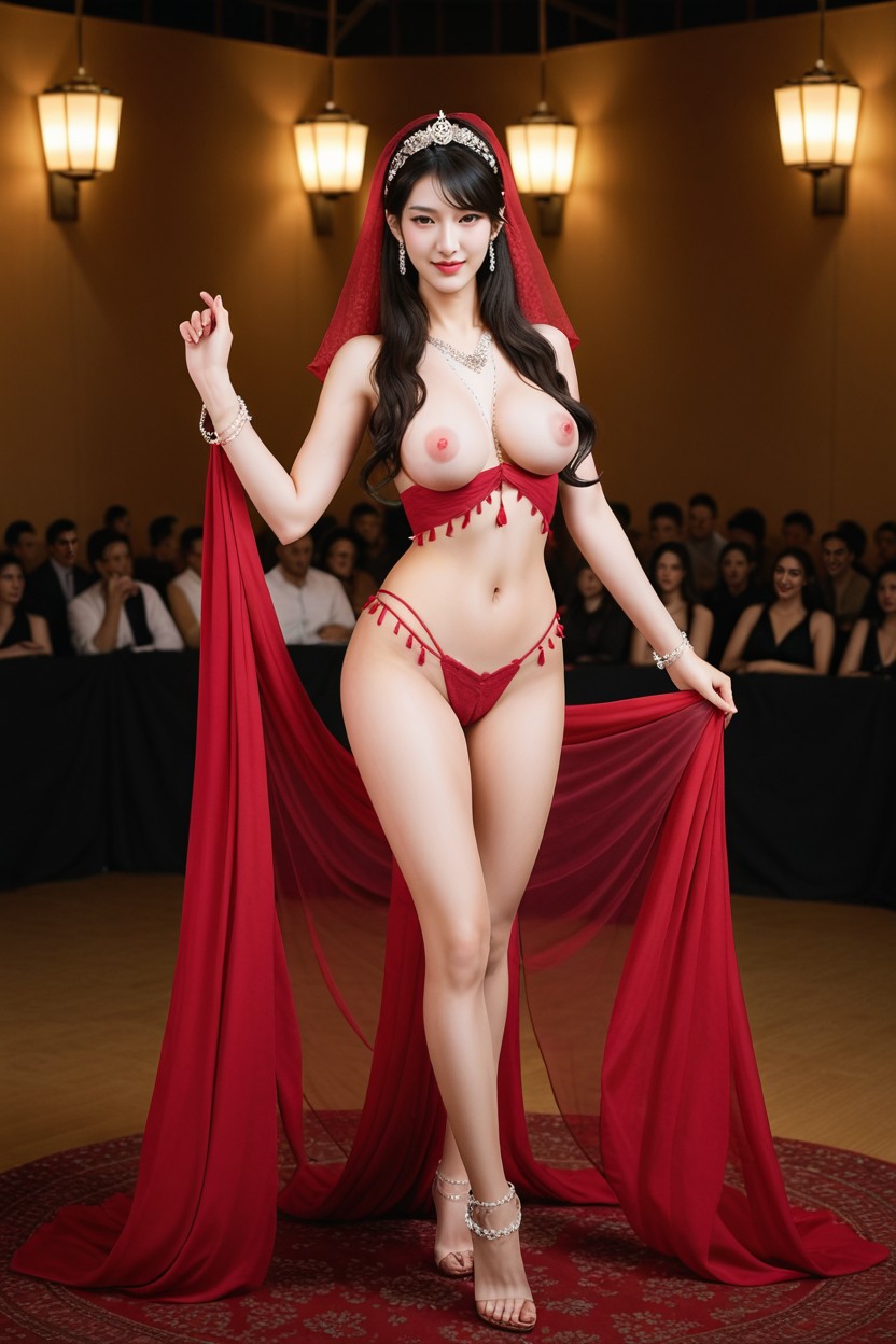 Spiral Curl Side Bangs, Transparent Draped Red Lace Face Veil, Permed Hair Asian AI Porn