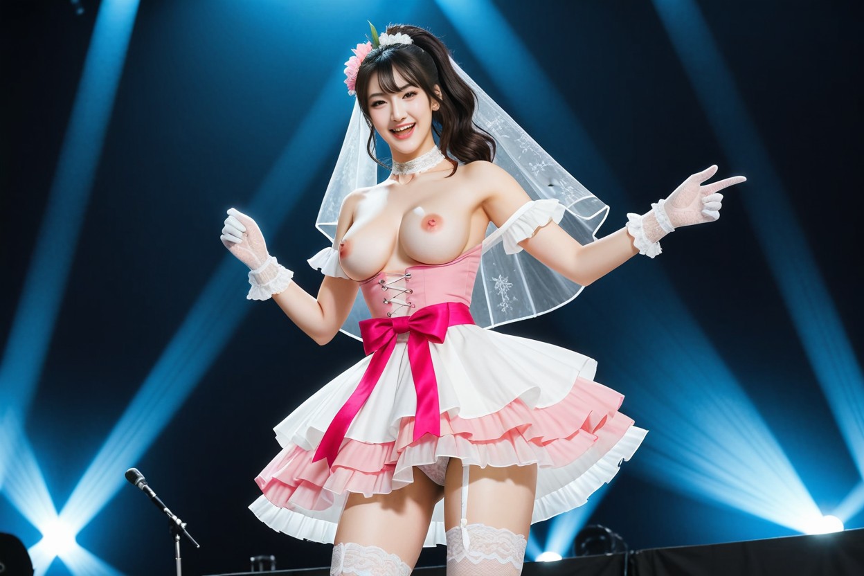 One Hand On Hip, Frilly Layered Puffy Skirt With Lace Edges, Neon Lighting AI國產黃片