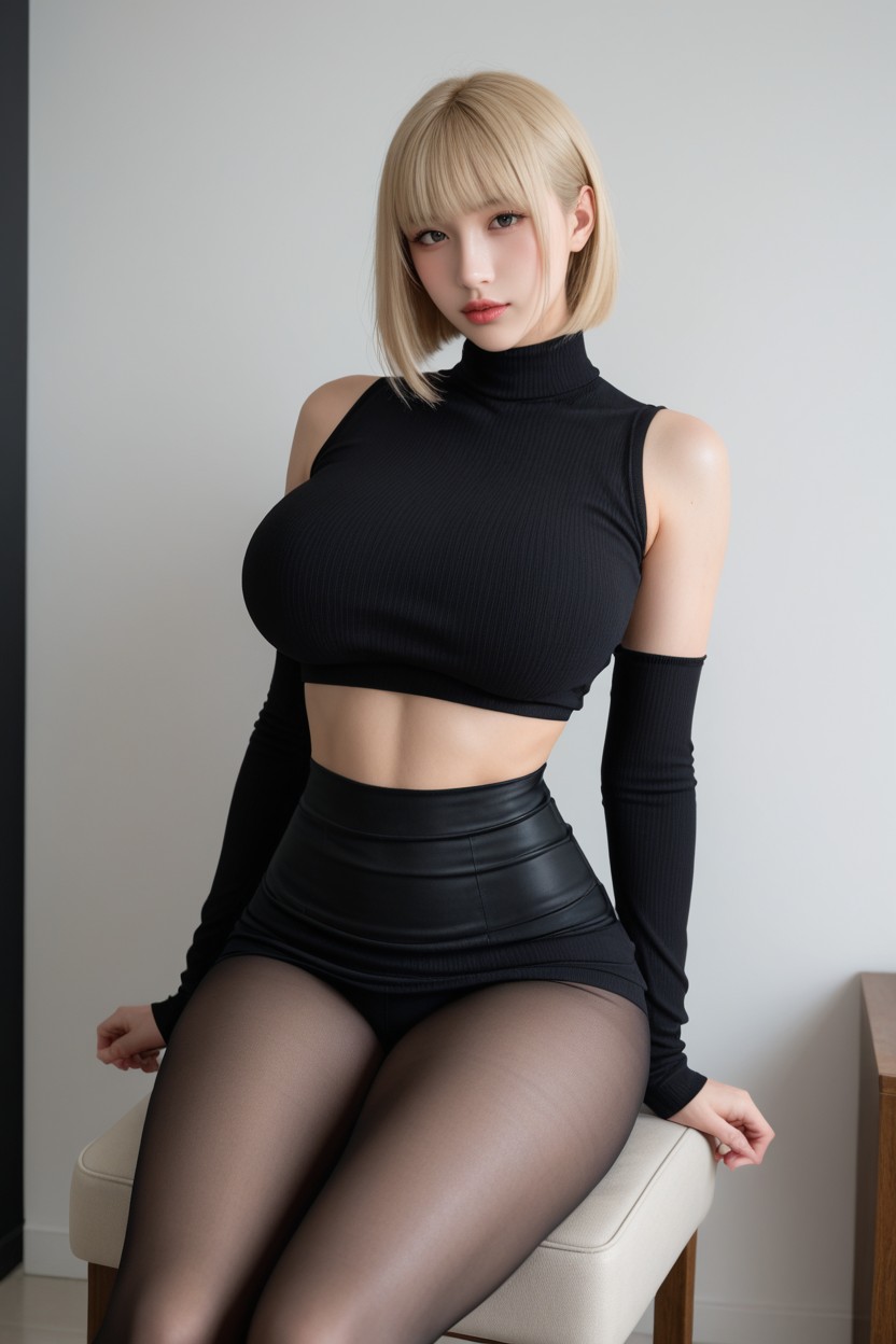 18+, Transparent Black Waist Pantyhose, The Clothes Slipped Down To Reveal One Breast Porno asiático IA