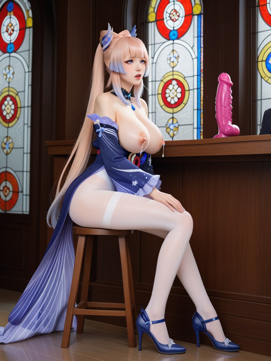 Woman Sitting On Stool, Dildo On Stool, Side View Porno IA Asiatique