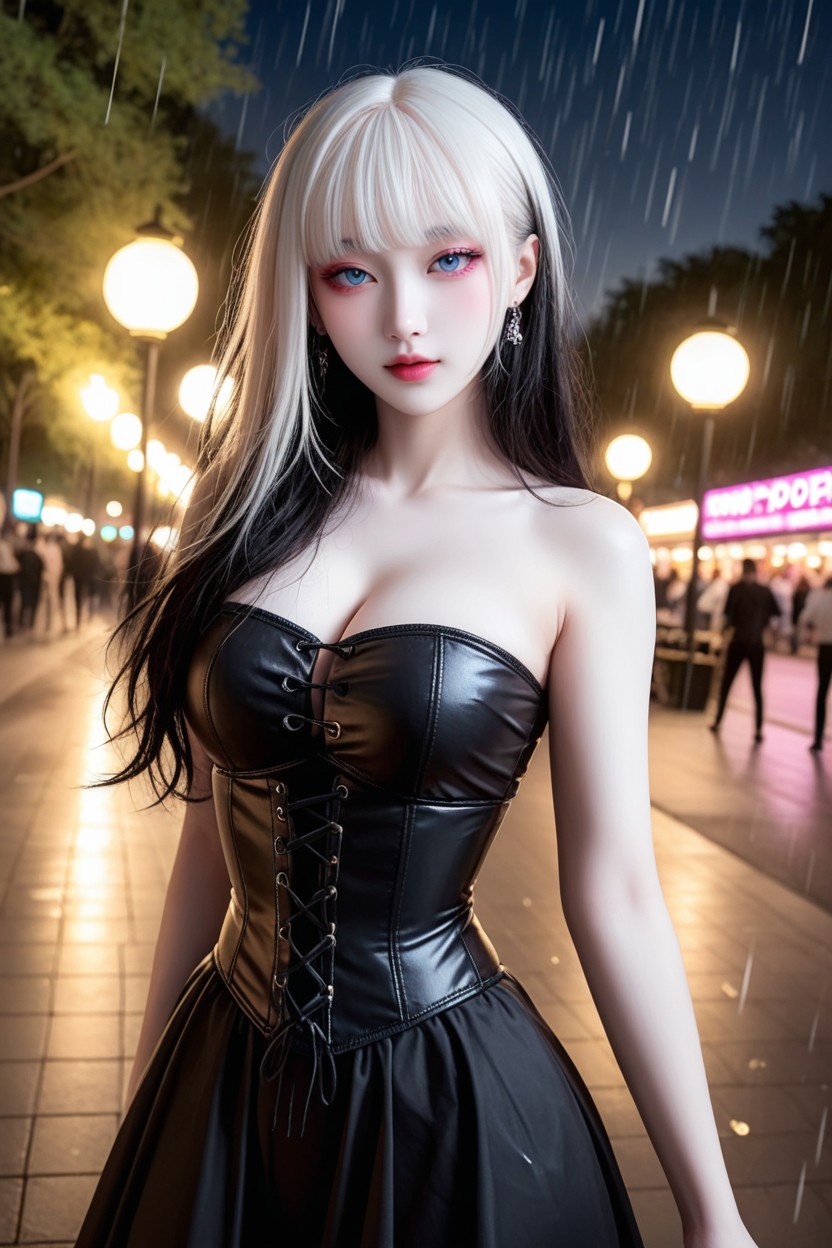 Very Smooth, White With Pink Highlight Hair, Hourglass Figure Asian AI Porn