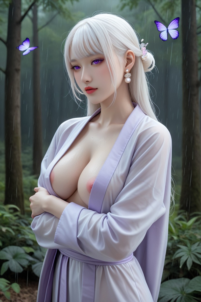 Idol Face, Dimly Lit Forest With Purple Lighting, Albino Skin Asian AI Porn