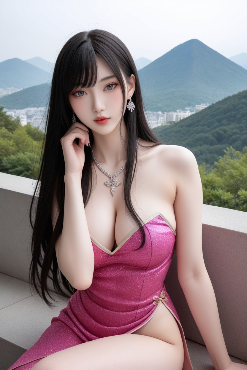Albino Skin, Very Long Straight Black Hair, Gray Eyes AI國產黃片