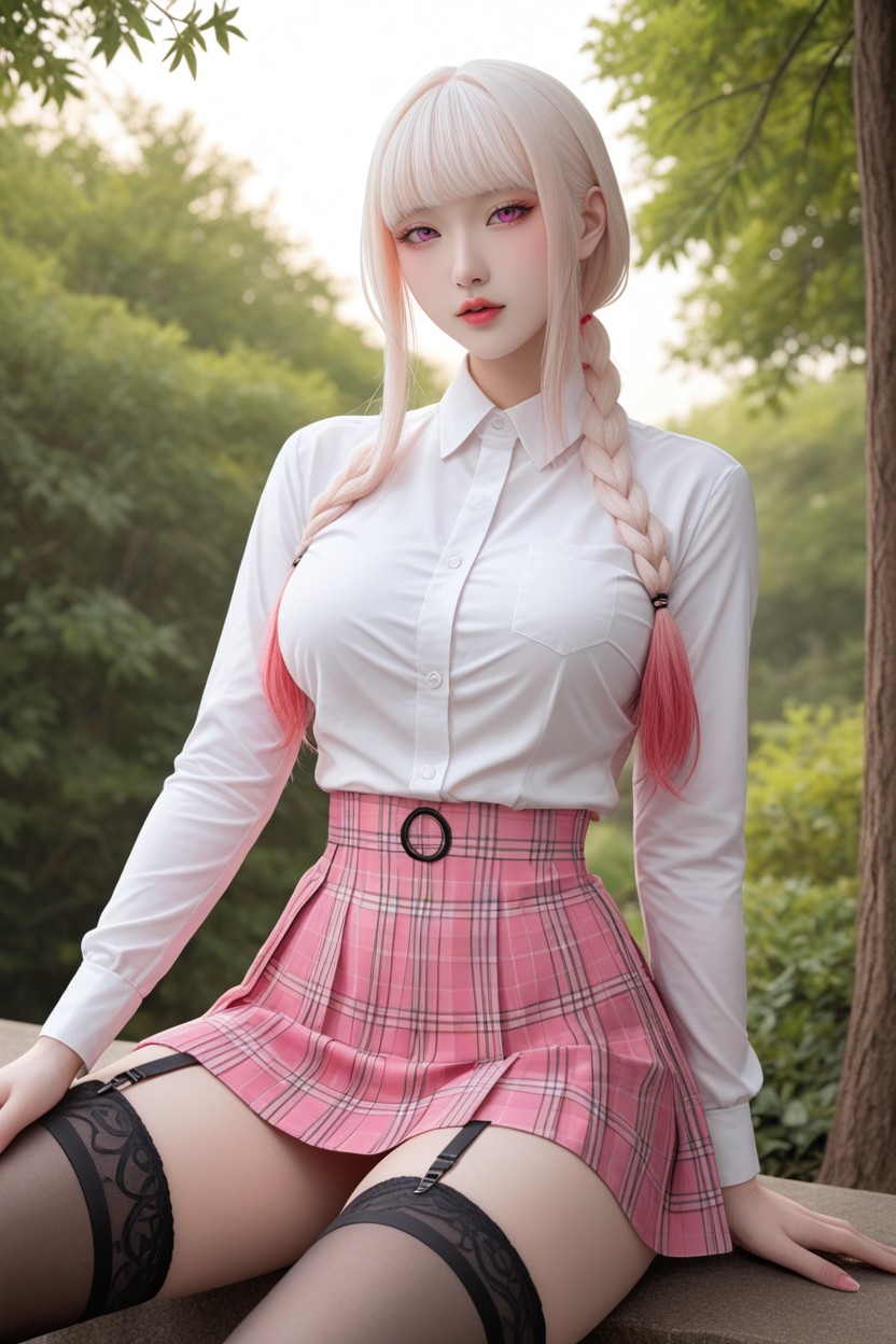 Bangs, Black Thigh Garter Strap, Pink Plaid Skirt AI国产黄片