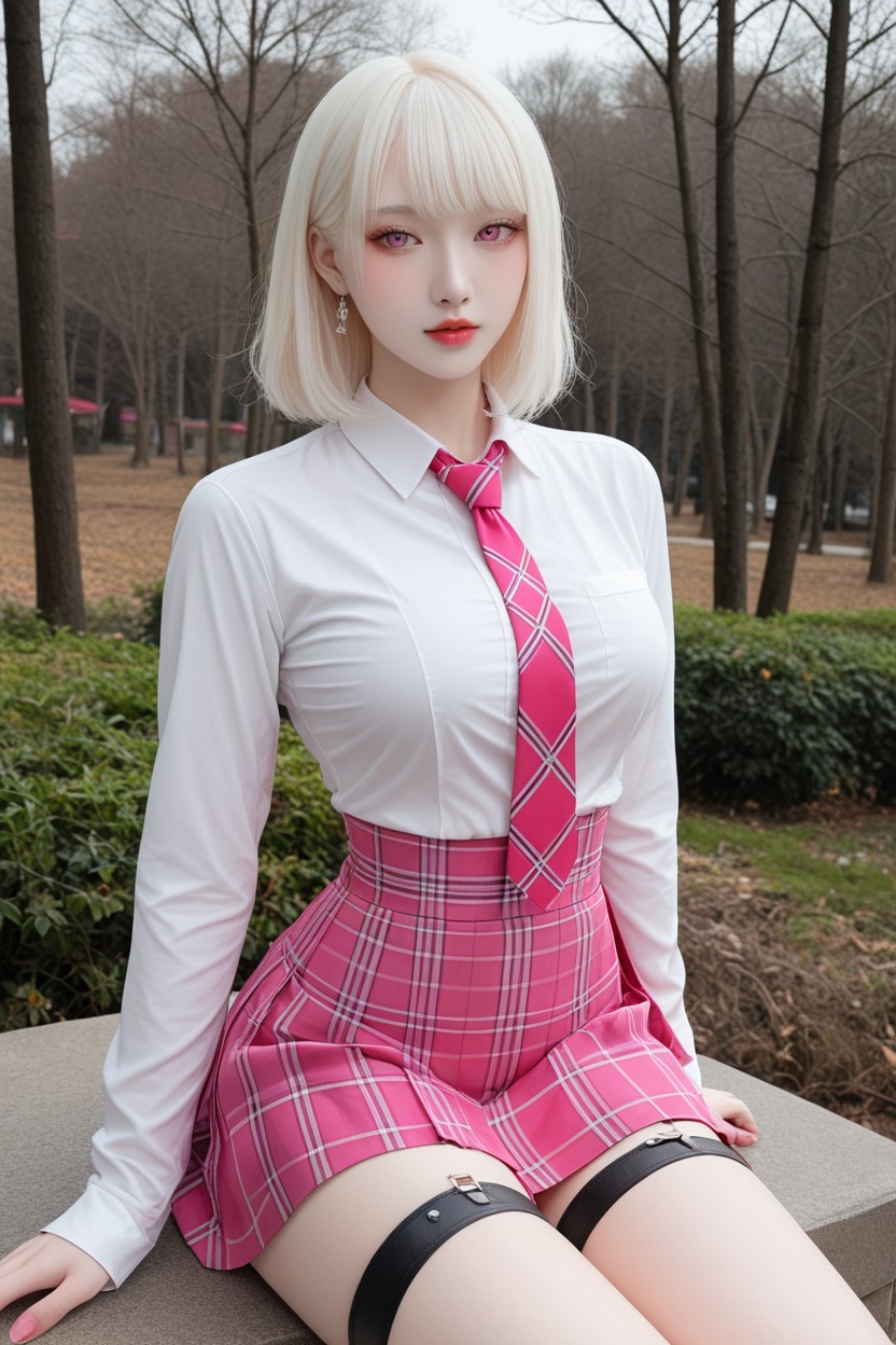 Beautiful Face, Forest, Pink Plaid Tie Asian AI Porn