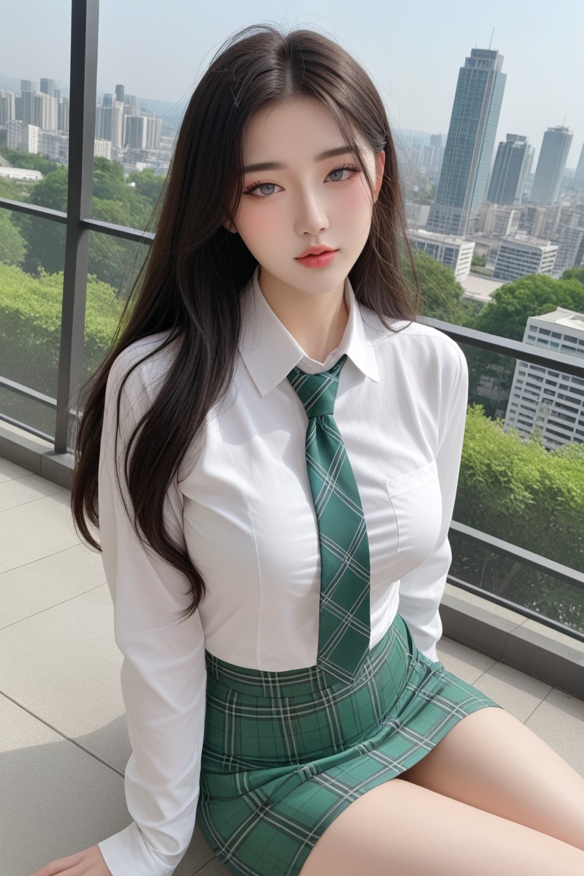 Green Plaid Tie, Korean Goddess, Very Smooth Skin Asian AI Porn