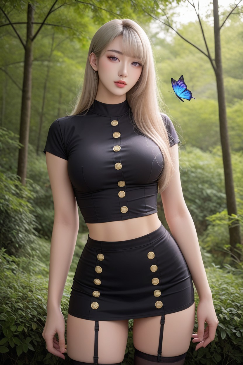 Milky White Skin, Korean Idol Face, Purple Butterfly Hair Clip Porno asiático IA