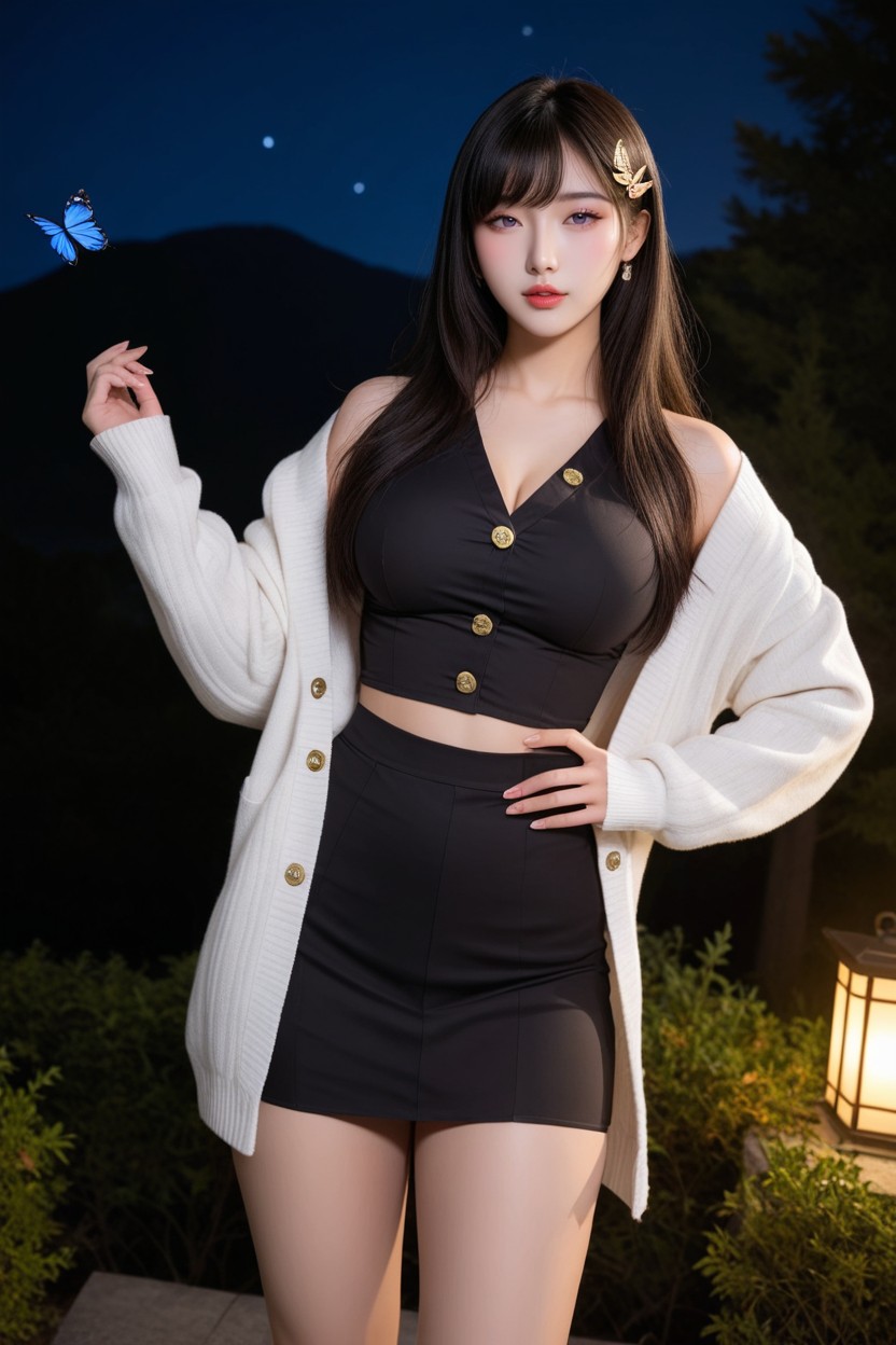 Night, Light Pink Lips, Bangs Asian AI Porn