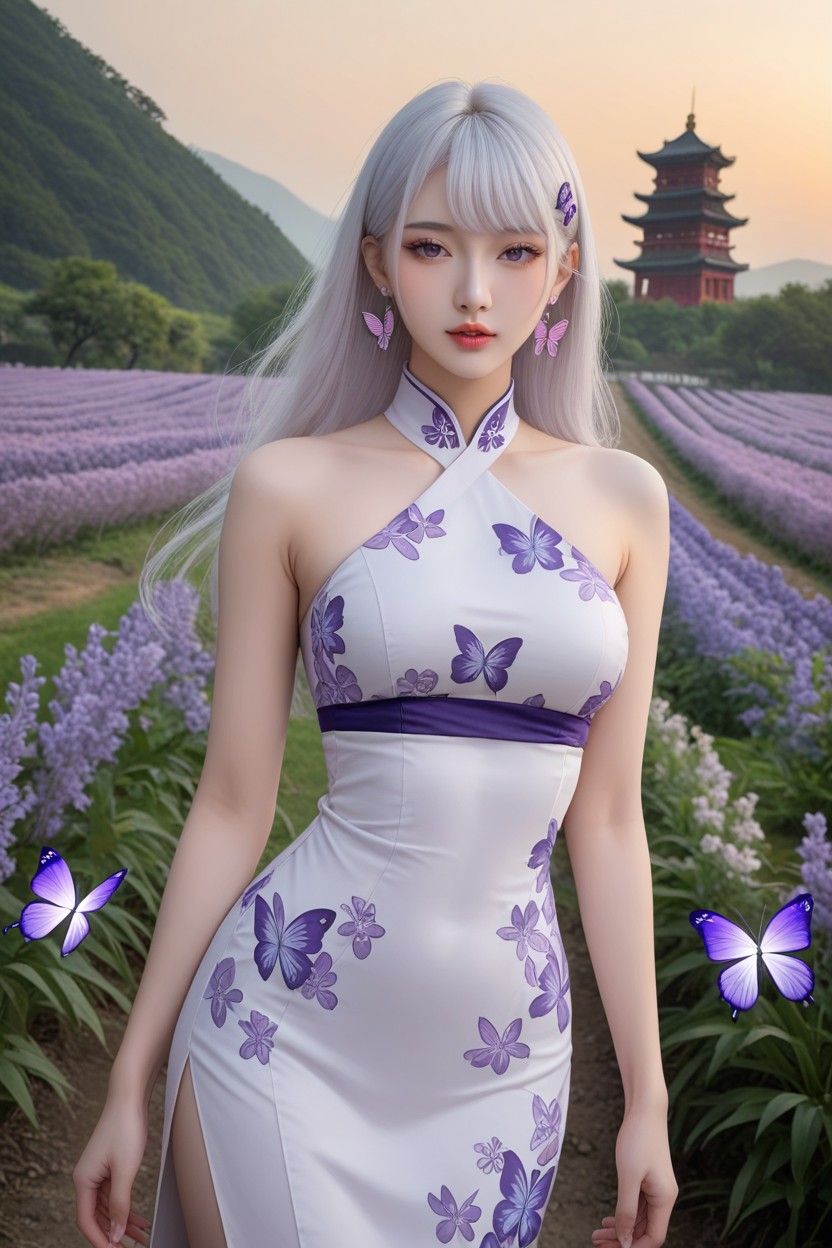 Purple Flower Hair Clip, Extremely Beautiful Face, Korean Goddess Asian AI Porn