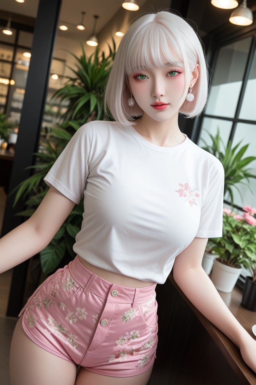 Smooth Skin, Idol Face, Pink Floral Pattern T-shirt アジアのAIポルノ