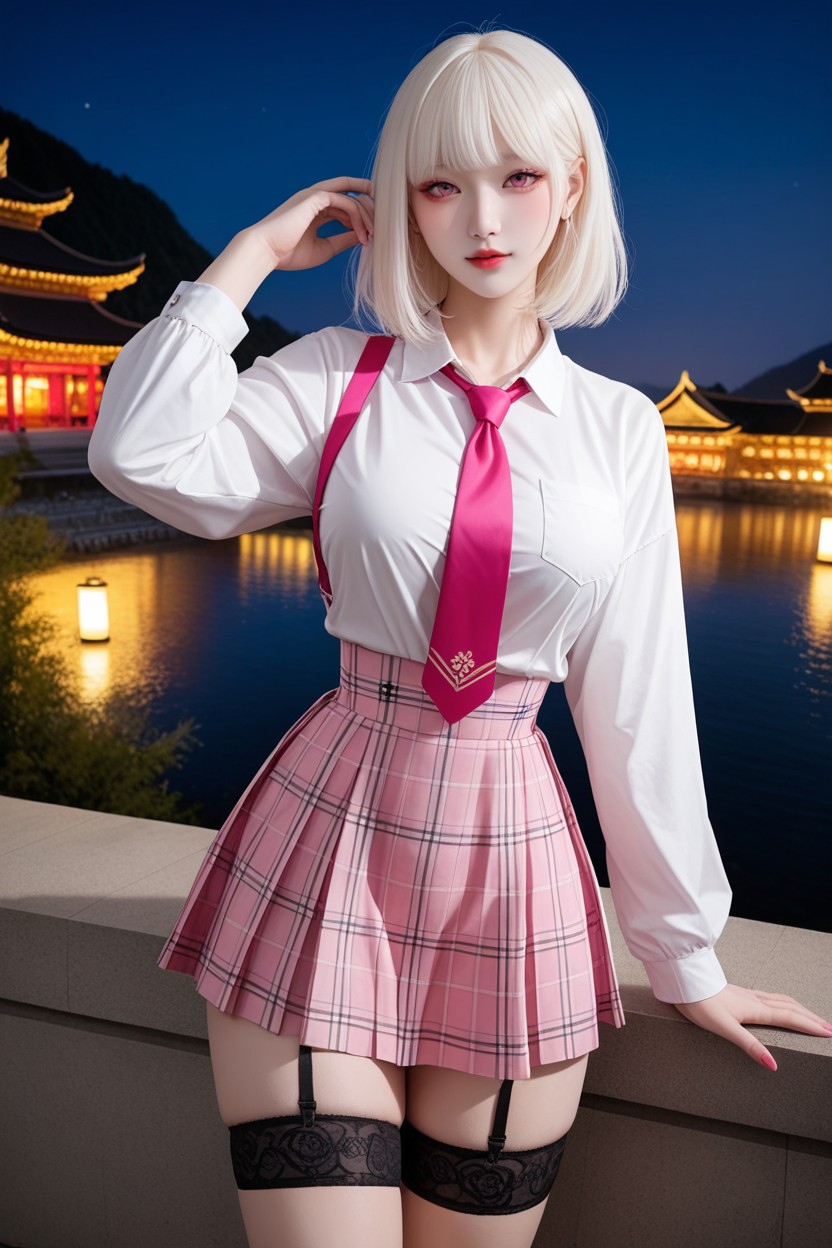 Front View, White With Pink Highlight Hair, Knee Up Asian AI Porn