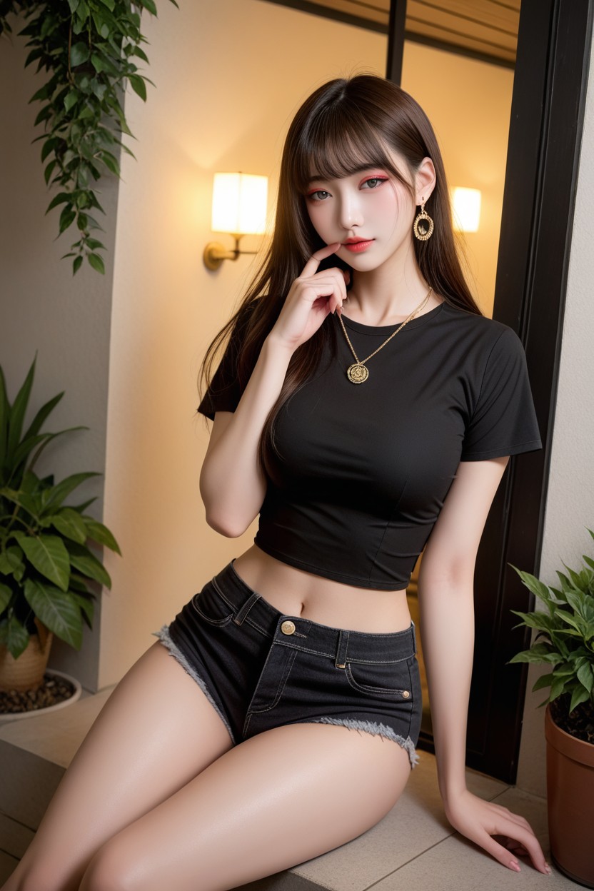 Hourglass Figure, Perfect Korean Idol Face, Very Long Straight Brown Hair アジアのAIポルノ