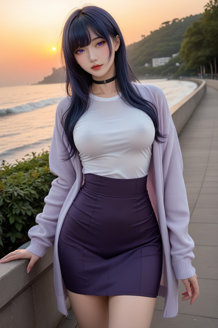 Soft Wave, Dark Purple Skirt, Lavender Cardigan Asian AI Porn