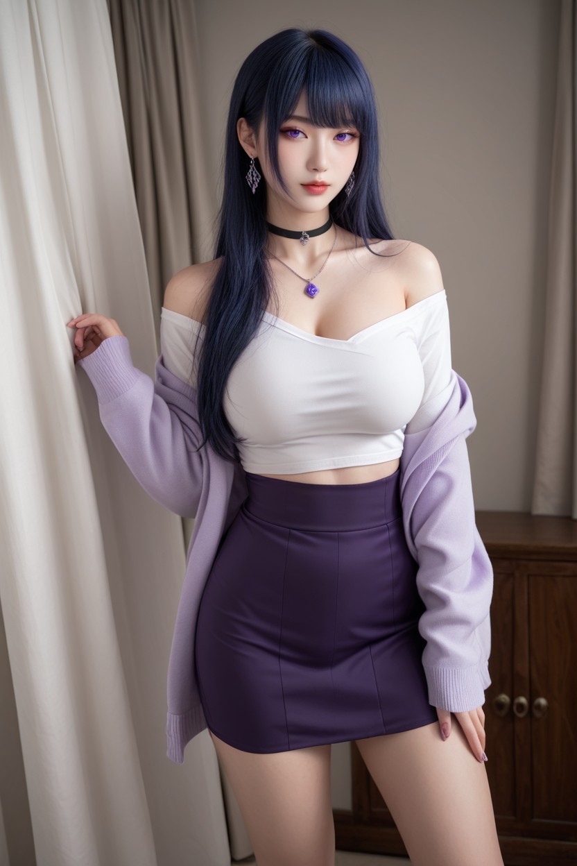 Dark Blue Hair, Perfect Korean Idol Face, Albino Skin アジアのAIポルノ