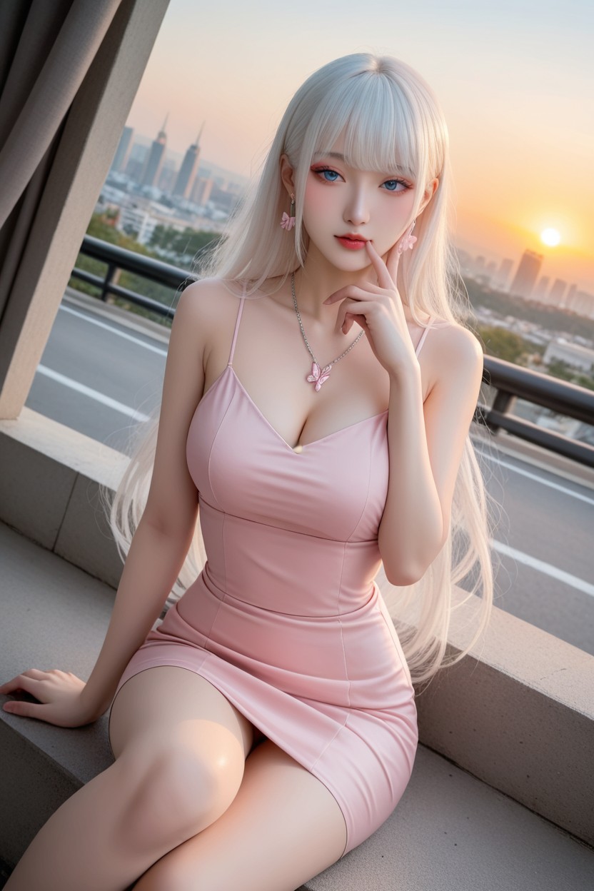 Hourglass Figure, Pink Flutter Sleeve Midi Dress, Extremely Smooth Skin Porno asiático IA