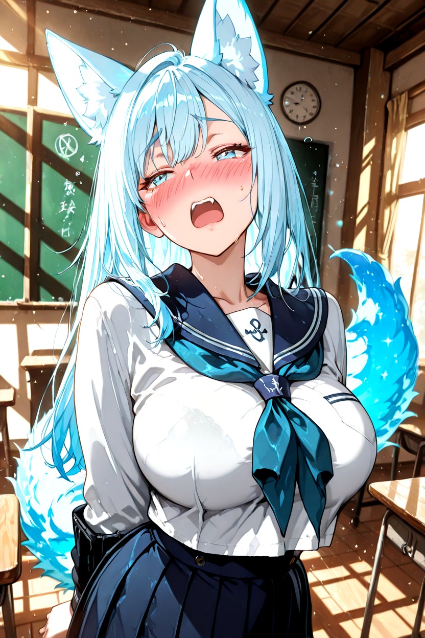 Heavy Blush, Girl, Blue Neckerchief Tied Neatly At Chest Pornografia asiática com IA