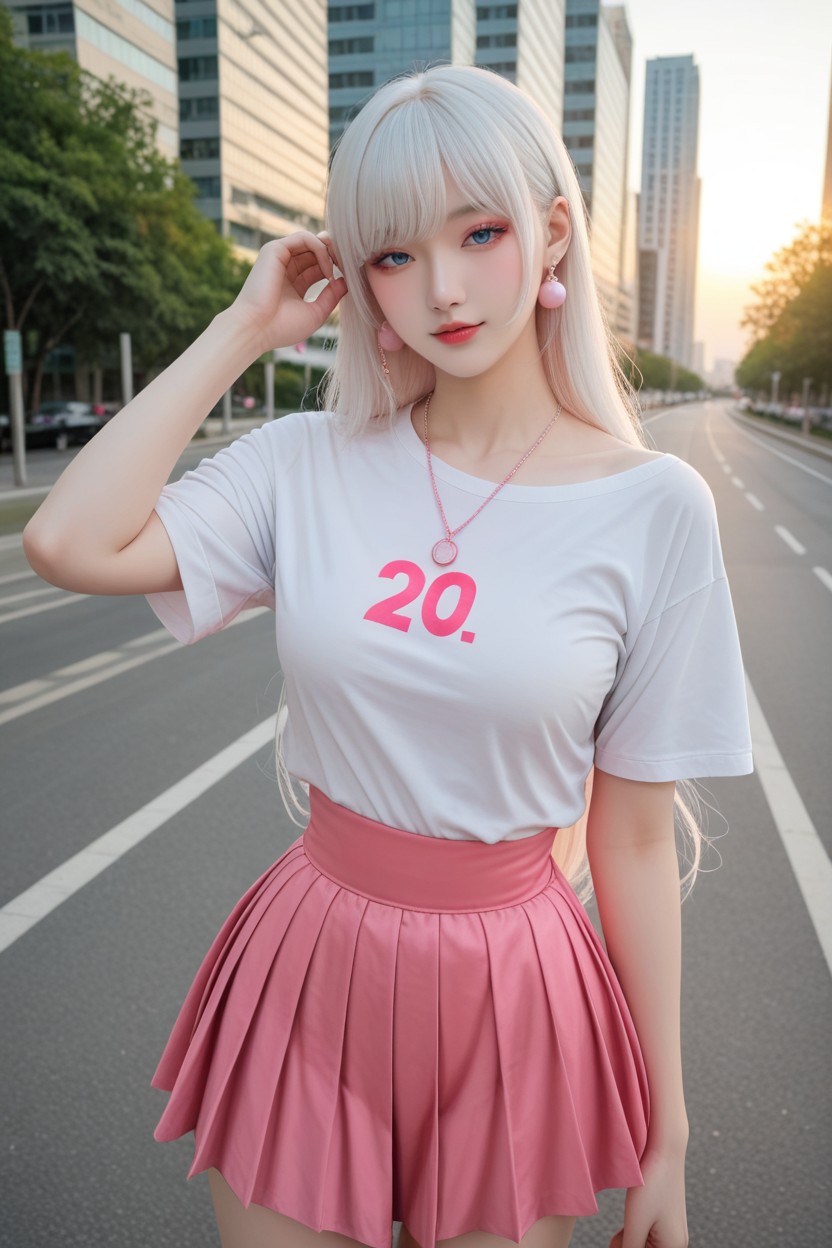 Pink Puff Skirt, Beautiful Face, White Off Shoulder T-shirt Asian AI Porn
