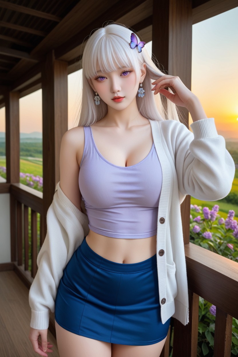Wooden Balcony, Light Blue Skirt, Light Purple Eyes Porno IA Asiatique