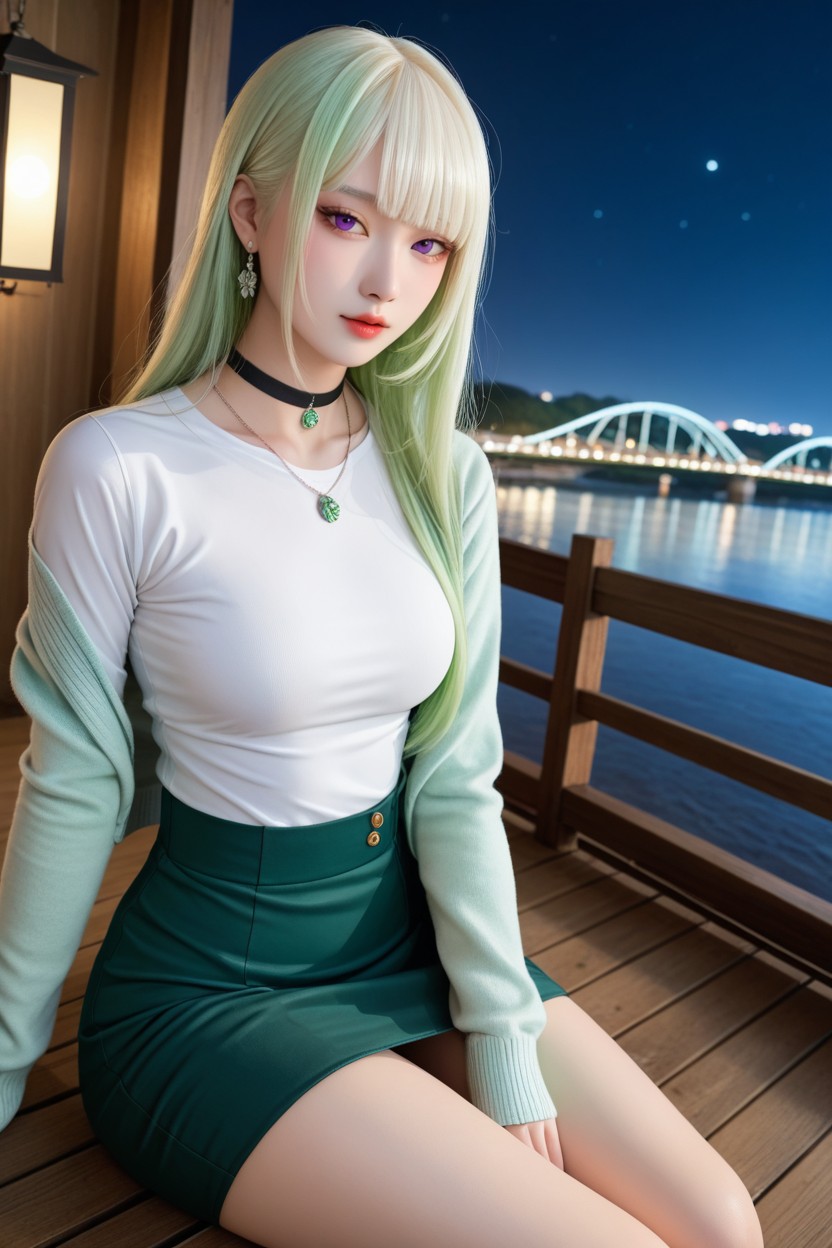 Silver Necklace, Light Green Cardigan, Korean Goddess Porno IA Asiatique