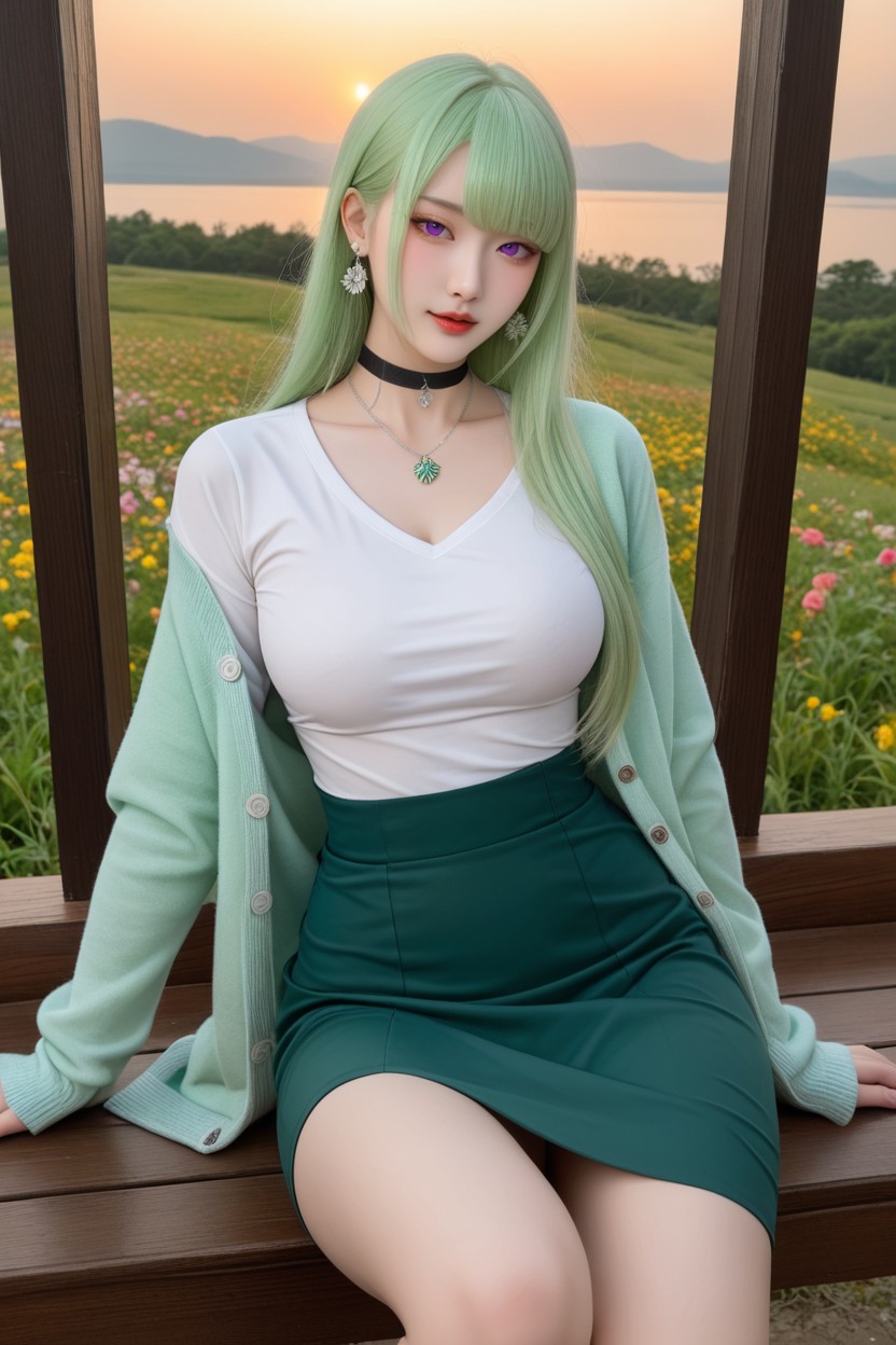 Mint Green Hair, Korean Goddess, Genou En L'air Porno IA Asiatique