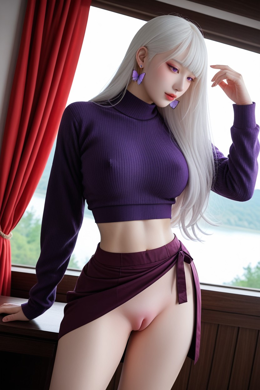Purple Butterfly Earrings, Long Hair With Curtain Bangs, Distinctive Beauty Asiatischer KI Porno