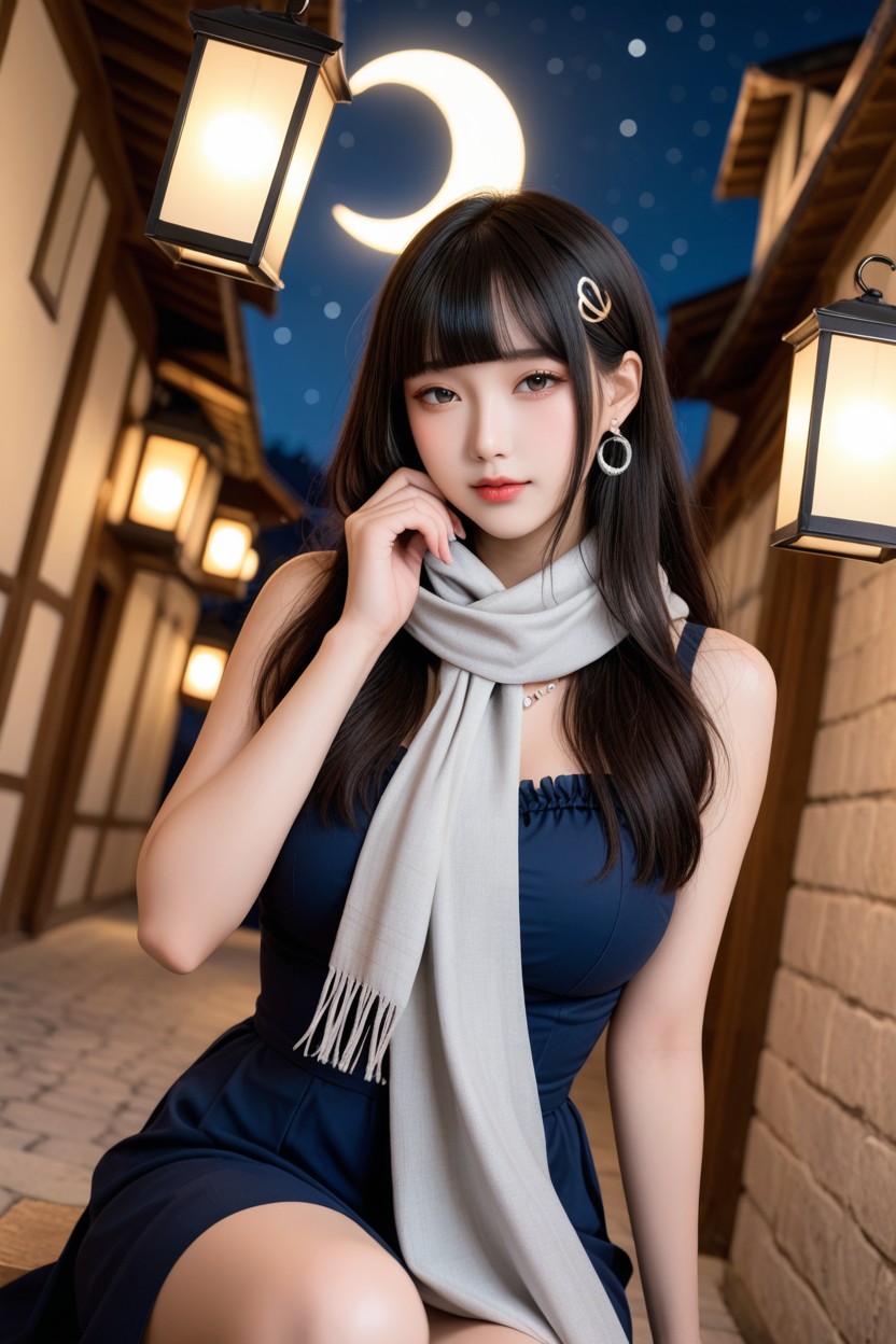 Long Silver Earrings, Medieval Town, Korean Idol 아시아 AI 포르노