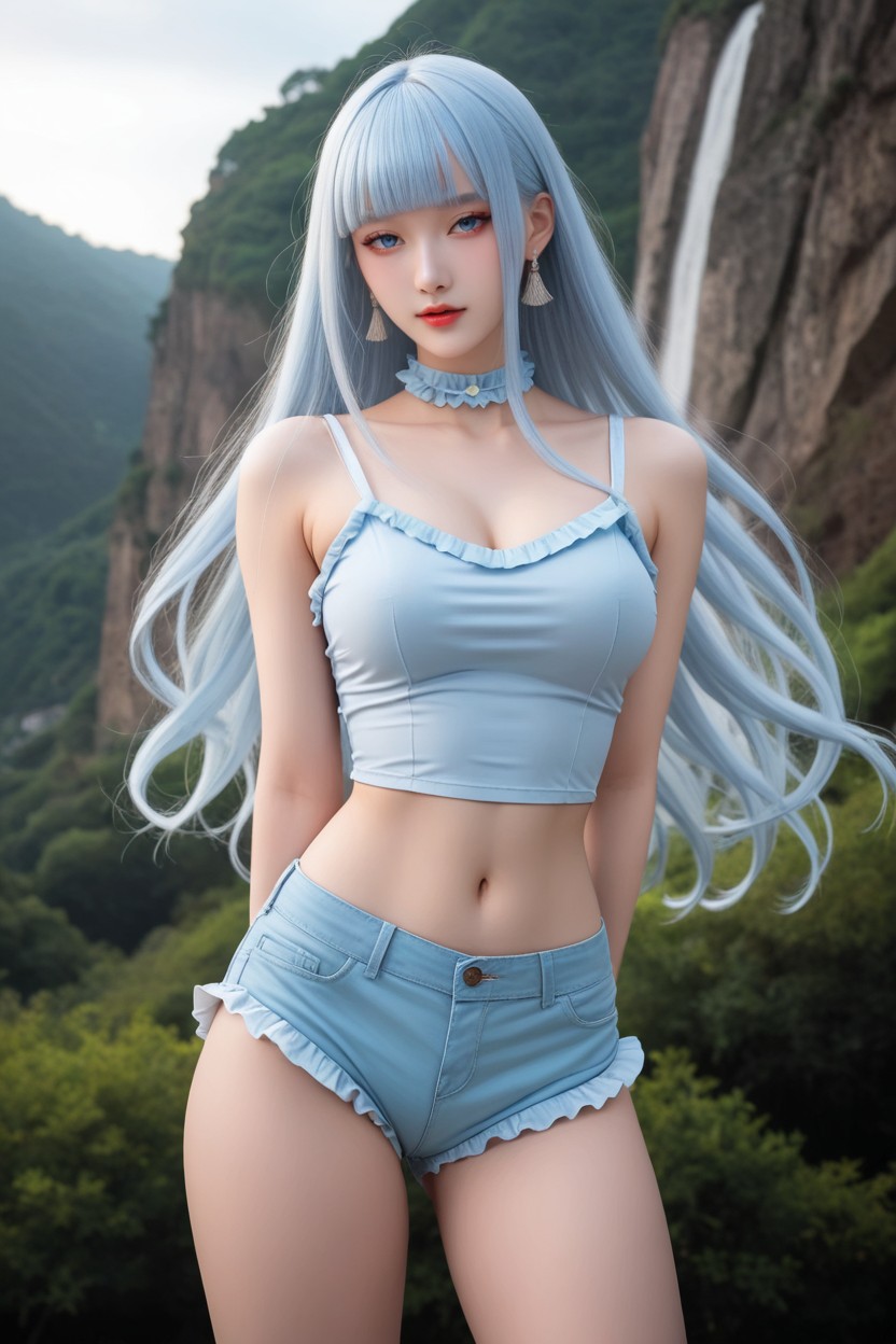 Light Blue Ruffle Camisole, Extremely Smooth Skin, Blunt Bangs 아시아 AI 포르노