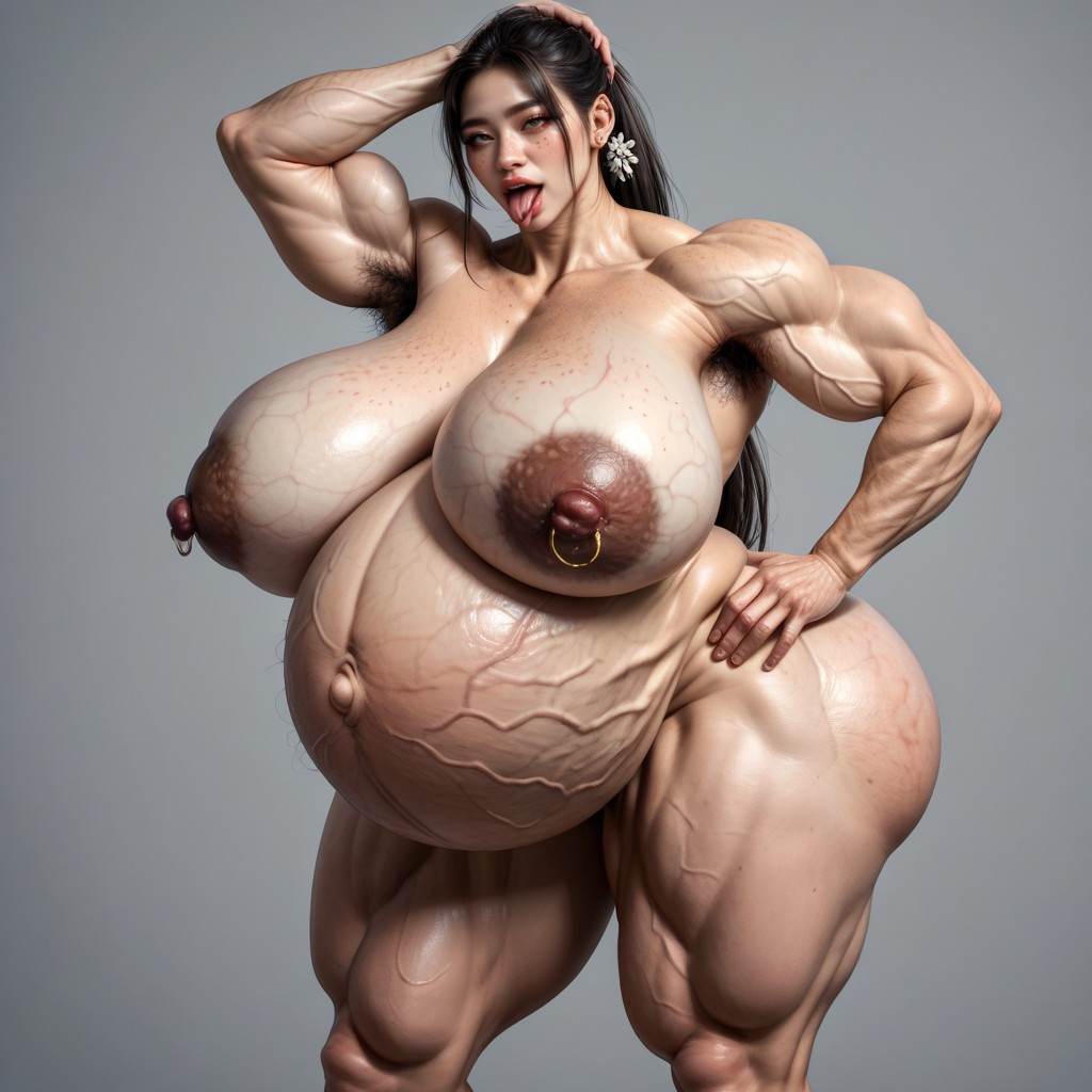 Black Color Ponytail Hair, Knees Pointing Outward, Colossal Veiny Boobs Sagging Down To Waist Porno IA Asiatique