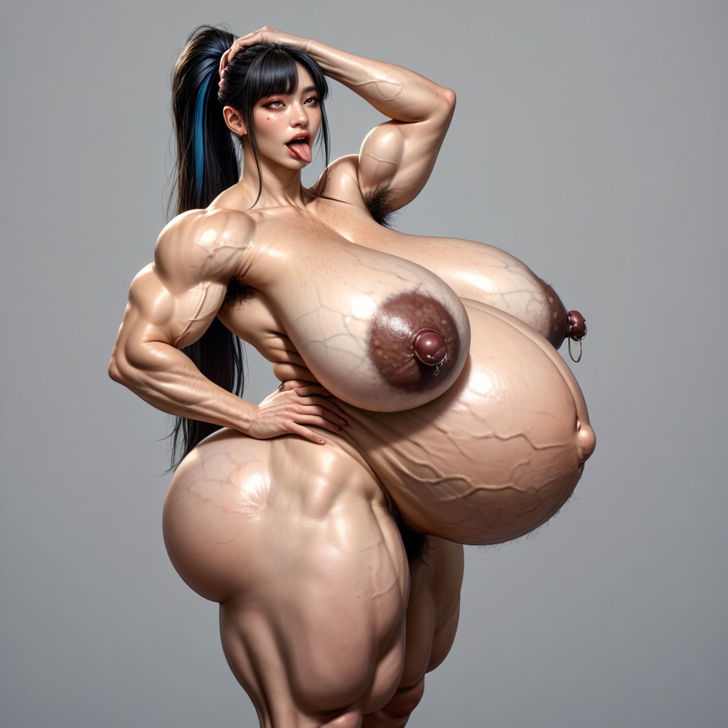 Ahegao, Curvy Thick Female, Massive Hairy Dense Veins Stomach Asian AI Porn
