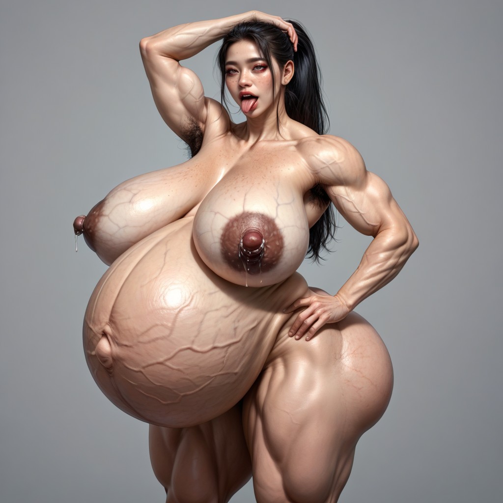 Tongue Out, Extremely Large Ass, Side View Asian AI Porn